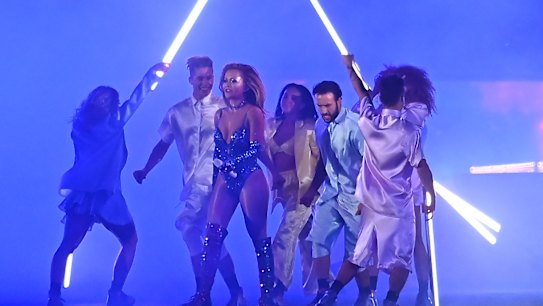 SMH NEWS. Rita Ora performs during the 43rd Sydney Gay and Lesbian Mardi Gras Parade at the Sydney Cricket Ground (SCG) in Sydney. 6th March 2021. Photo:Â Steven SaphoreÂ / SMH