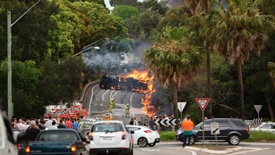 The horror tanker crash on Mona Vale Road, Sydney, in 2013.