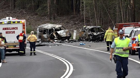 Emergency services at the crash site on the Princes Highway at Mondayong, about 400 metres north of the Bendalong turn-off.
