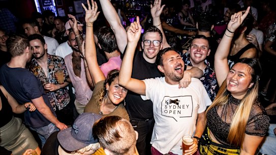 Punters at Stonewall on Oxford St  celebrate no lockout laws in Sydney on Wednesday, January 15, 2020. Photo by Cole Bennetts.