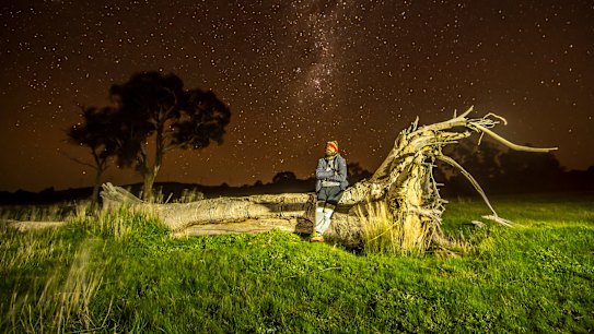 Djab Wurrung man DT Zellanach sitting on a canoe tree near the site of a birthing tree. 