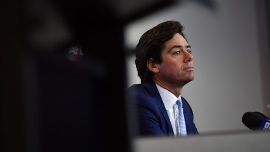 AFL boss Gillon McLachlan speaks to media about the resignation of two of his senior officials.