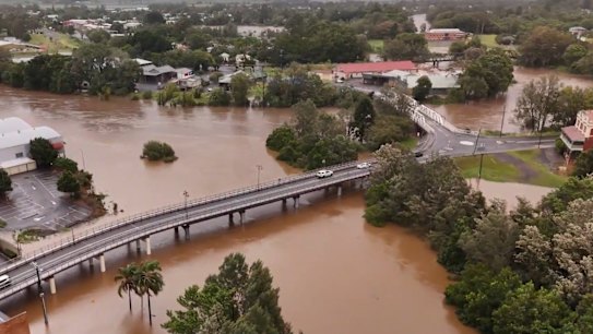 Aerial footage has shown the extent of flooding in the NSW town of Lismore.