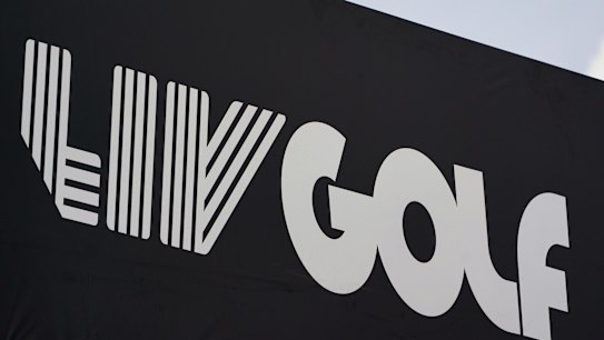 FILE - Signage for LIV Golf is displayed during the pro-am round of the Bedminster Invitational LIV Golf tournament in Bedminster, NJ., Thursday, July 28, 2022. Tiger Woods and Rory McIlroy have illustrated with words what PGA Tour Commissioner Jay Monahan got wrong. McIlroy said players leaving for Saudi-funded LIV Golf are taking the easy way out. Woods says they are turning their backs on the tour that made them.(AP Photo/Seth Wenig, File)