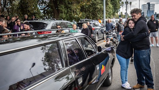 Archie Roach's body being escorted by the Southern Warriors Aboriginal Motorcycle Club next to Cleve Gardens in St Kilda.
