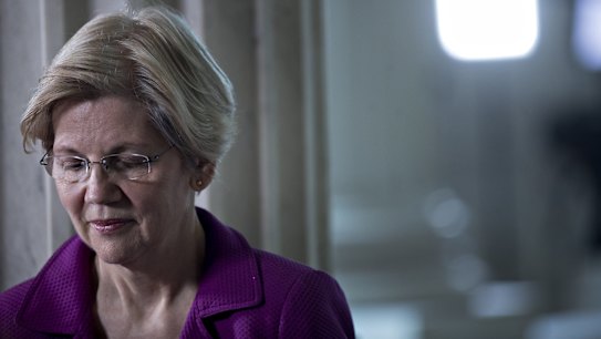 Senator Elizabeth Warren, a Democrat from Massachusetts, waits to participate in a television interview in the Russell Senate Office building rotunda in Washington, DC.