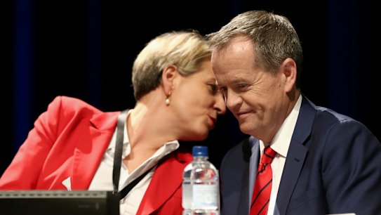 Deputy Opposition Leader Tanya Plibersek and Opposition Leader Bill Shorten during the ALP National Conference at the Melbourne Convention Centre. 