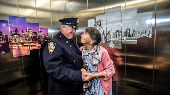 Uniting Care Mirinjani retirement village has granted a lifelong wish for resident Berenice Benson to meet a real New York city cop (something she mentions every tine she gets into the facility lift featuring a poster of the New York skyline). NYPD Detective Howard Shank was glad to accommodate.