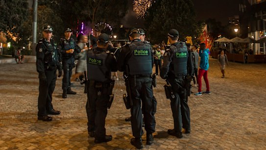 There were almost as many police as festival-goers at Federation Square at this year's Moomba festival.