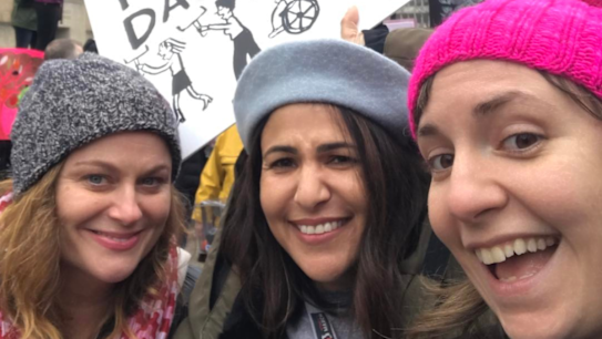 Lena Dunham with Amy Poehler and Jenni Konner at the Women's March on Washington. 
