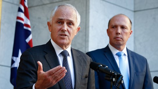 Maximising the political impact: Malcolm Turnbull and Peter Dutton.