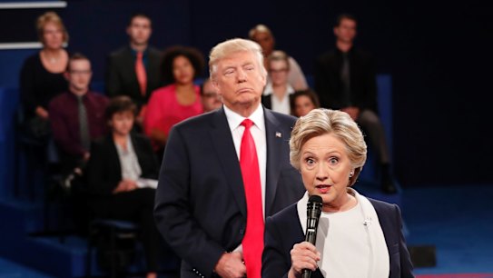 Donald Trump followed Hillary Clinton around the stage during the second election debate.