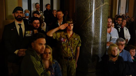Crowds during the ANZAC Day Dawn Service at the cenotaph at Martin Place in Sydney.