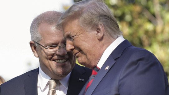 Prime Minister Scott Morrison and President of the United States Donald Trump during a ceremonial welcome for Prime Minister Scott Morrison and Jenny Morrison on the South Lawn of the White House.
