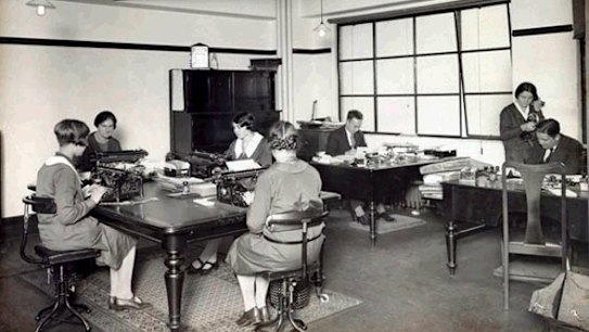 Typists ply their trade in a banking office in 1929.