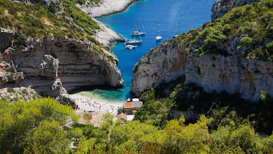 The famous beach of Stiniva on the island of Vis, a two-hour ferry ride from Split, Croatia.