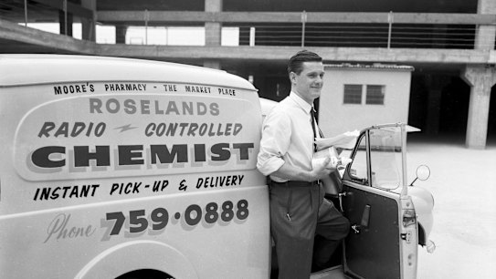 Moore's pharmacy delivery van at the new Roselands Shopping Centre, pictured on 5 October 1965.
SUN FEATURES Picture by PETER MOXHAM 
Sydney retail 1960s Australian retail hhollins opening Chemist