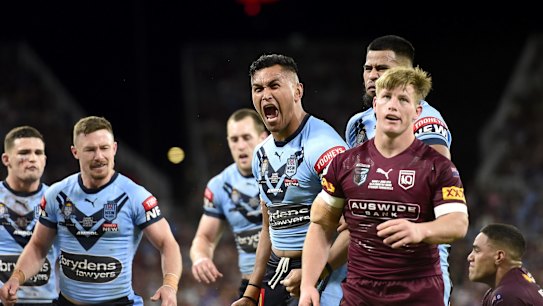 TOWNSVILLE, AUSTRALIA - JUNE 09:  Daniel Saifiti of the Blues celebrates with team mates after scoring a try during game one of the 2021 State of Origin series between the New South Wales Blues and the Queensland Maroons at Queensland Country Bank Stadium on June 09, 2021 in Townsville, Australia. (Photo by Ian Hitchcock/Getty Images)