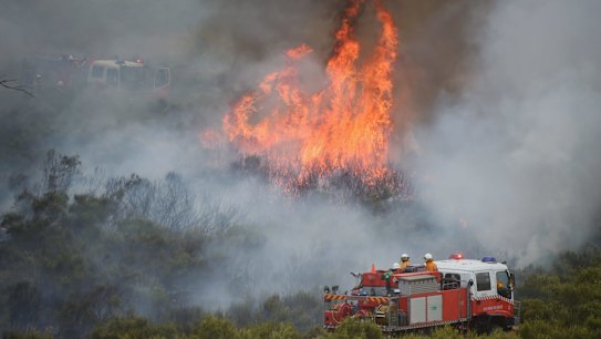 Firefighters tackle an out-of-control bushfire near Bathurst on Tuesday.