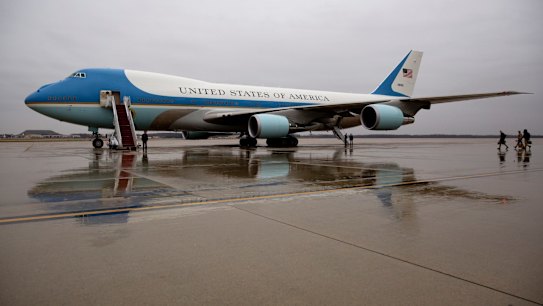 Air Force One is seen on the tarmac at Andrews Air Force Base, Maryland.