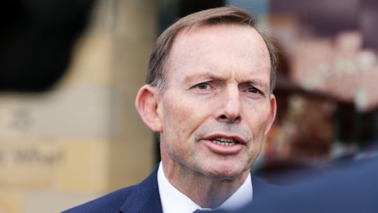 Former Australian prime minister Tony Abbott addresses the media in Hobart.