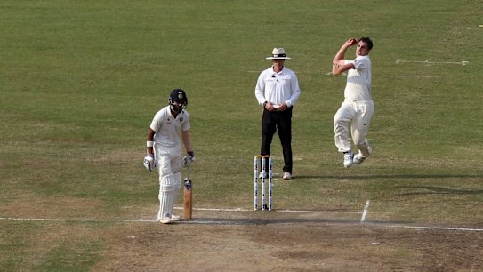 Pat Cummins sends another one down in Ranchi.