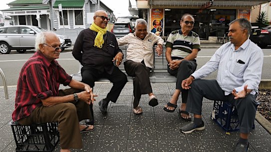 (L to R)Dhanjinhs, Thakur Harshadbhai, Kanubhai Patel, Rajanikant Modi and Gondal Natubhaipatel sit on Wigram street in Harris Park. 