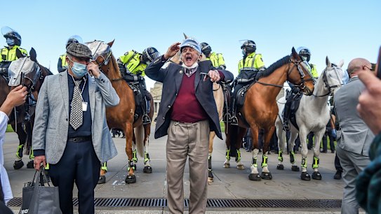 Anti Lockdown Rally Melbourne at the Shrine. Melburnians fed up with Victoria's Stage Four lockdown restrictions protest in defiance of the emergency laws.
