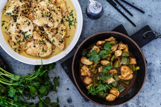 Chicken escaplopes with green peppercorn cream sauce and wok-fried chicken with capsicum and black vinegar. 