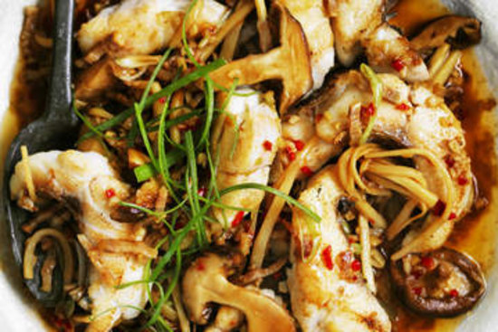 Stir-fried snapper with shiitake, pancetta and bamboo