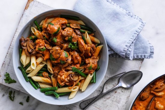 Serve this chicken stroganoff with penne and beans (or steamed rice).