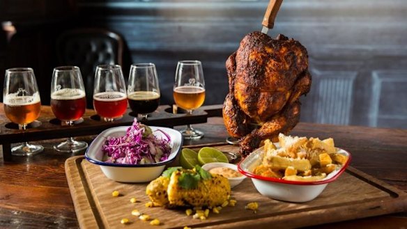 The beer-can chicken and a tasting paddle.