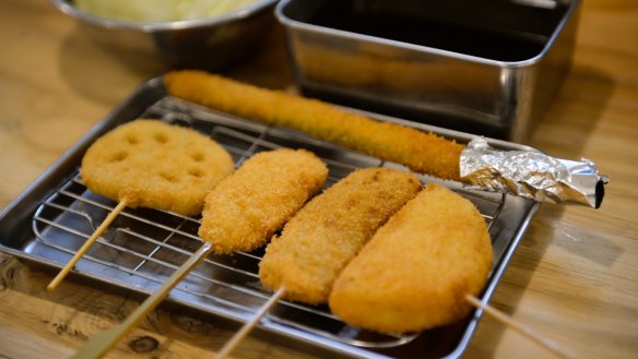 Kushikatsu is a dish made by battering skewered meat and vegetables, deep-frying them and then dipping them in sauce