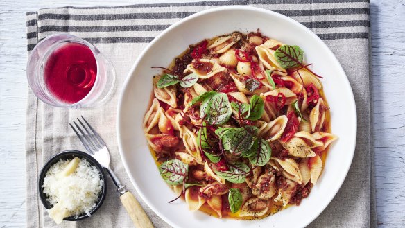 Spicy tomato and salami pasta with borlotti beans. 