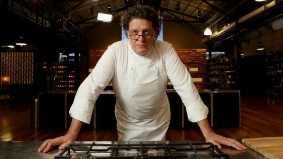 UK restaurateur Marco Pierre White in the MasterChef kitchen at Melbourne Showgrounds.
