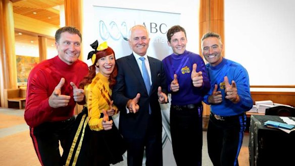 Communications minister Malcolm Turnbull with the Wiggles. Photo: Andrew Meares
