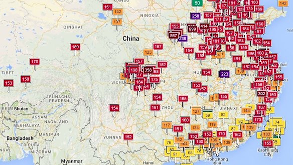 The World Air Quality map shows large red swathes with unhealthy air quality in China . 