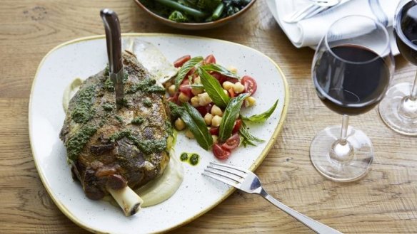 Lamb from the Moran family farm slow-roasted and served with smoked eggplant and a chickpea and mint salsa.