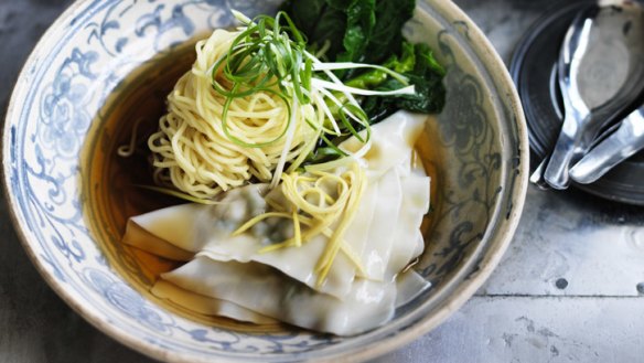 Vibrant prawn and wonton noodle soup: substitute the prawn for chicken if you prefer.