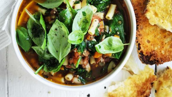 Hearty: Thick minestrone with parmesan croutons.