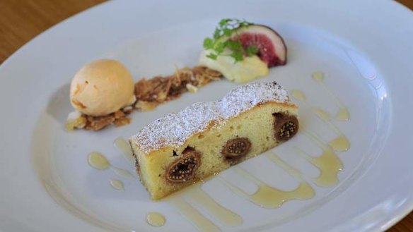 Fig frangipane with palm sugar caramel, vanilla cremeux, white chocolate, almond and puff pastry crumbs and sweet potato ice cream at Onred.