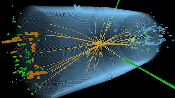 A representation of traces of a proton-proton collision measured in the search for the Higgs boson.