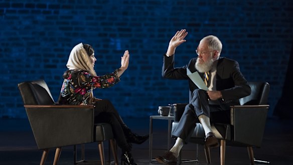 Nobel Peace Prize laureate Malala Yousafzai with David Letterman. 