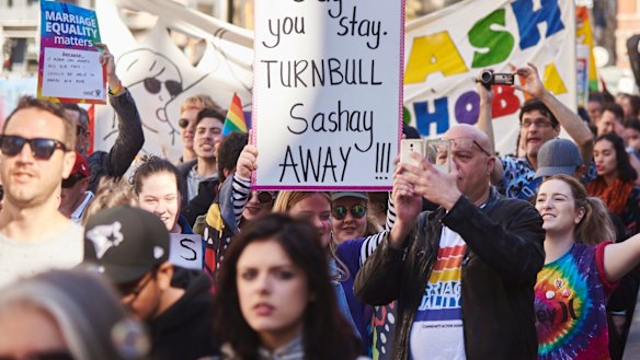 Supporters of marriage equality rally outside Sydney Town Hall.