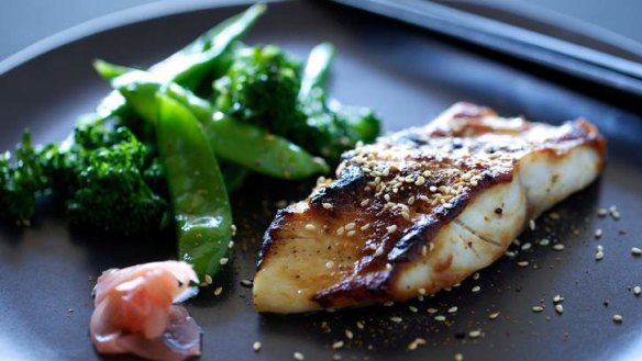 A thing of shimmering beauty: Fish marinated in miso with sesame greens.