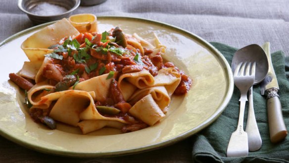 Pappardelle with rabbit ragu. Caroline Velik AUTUMN MENU recipes for Epicure and Good Living. Photographed by Marina Oliphant. Food preparation and styling by Caroline Velik, all plates and bowls from Market Import, MUST CREDIT.