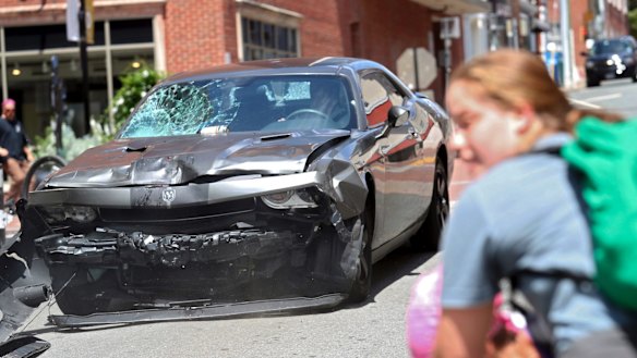 The car reversing after driving into a group of protesters demonstrating against a white nationalist rally in Charlottesville on Saturday.