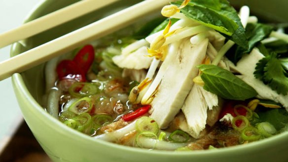 Fragrant chicken and rice noodle soup.