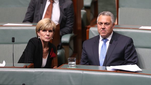 Foreign Affairs Minister Julie Bishop with Joe Hockey after his valedictory speech on Wednesday.