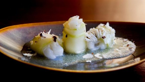 Sugar-cured, cucumber-wrapped scallops in a celery emulsion at Blue Tongue Wine Bar.
